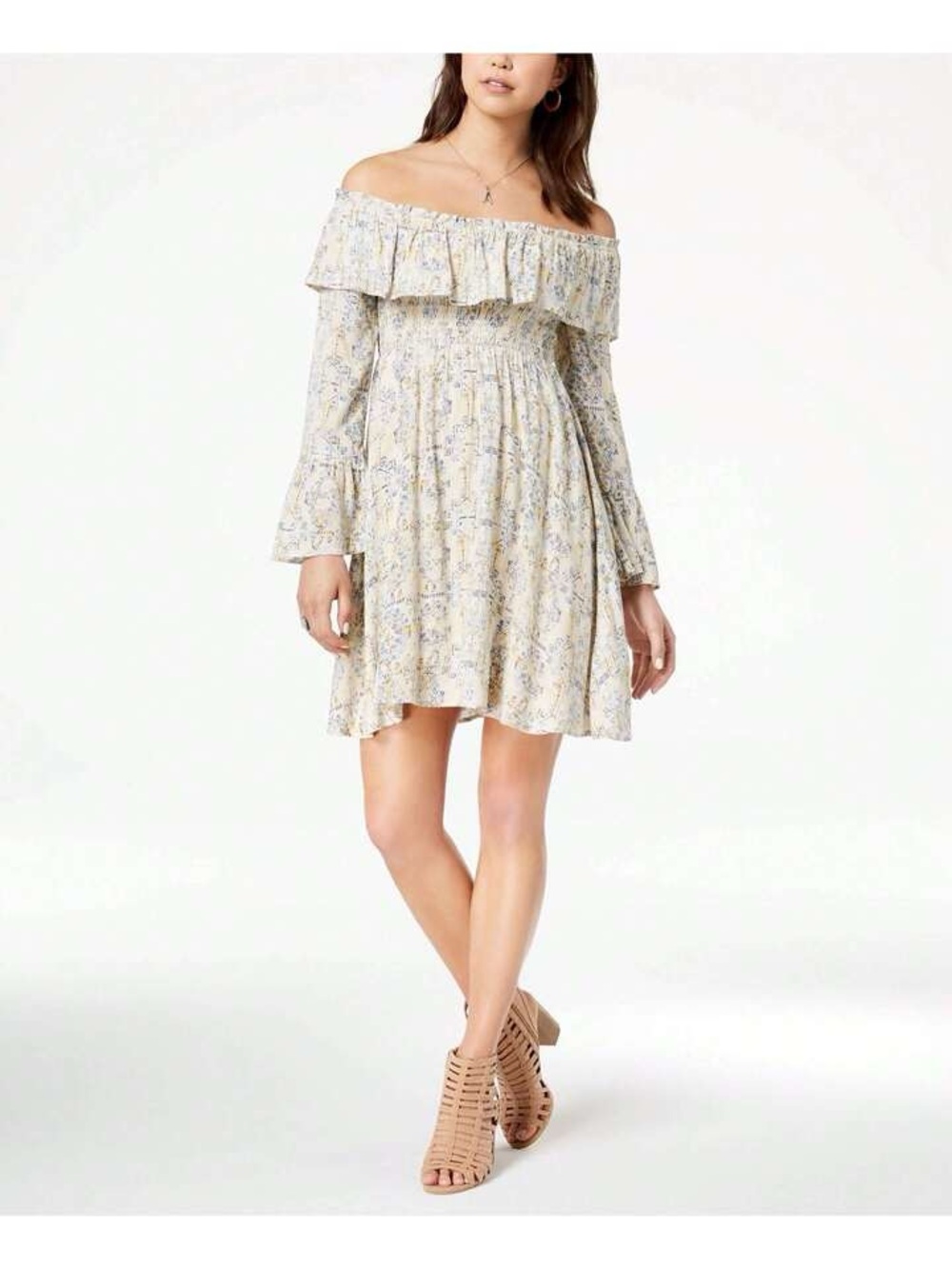 American Rag Off-Shoulder Junior Ruffle Mini Dress in Cream and Blue